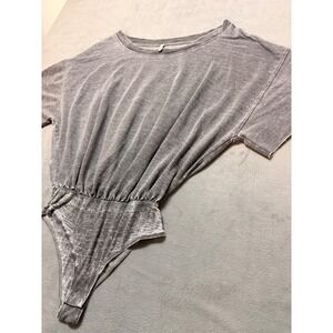 Free People Washed Grey Short Sleeve Bodysuit Thong Snap Closure L G